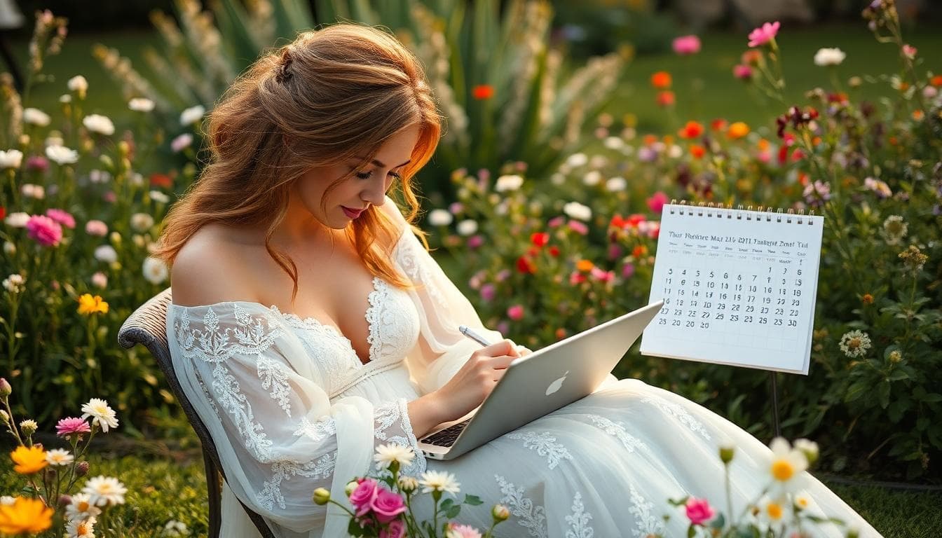 Mariée bohème préparant un email de demande avec un calendrier ouvert, ambiance sereine de jardin