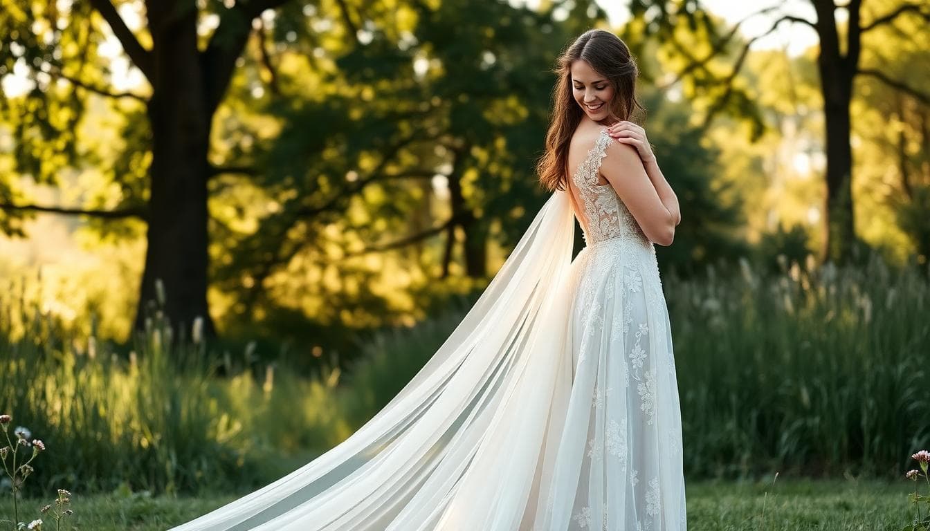 Mariée bohème attachant délicatement la traîne avec une boucle de poignet dans un jardin ensoleillé. Image created with AI