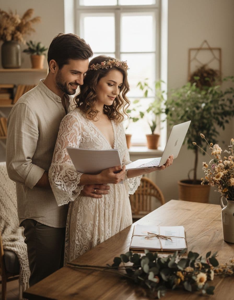 Photo d’une mariée bohème avec un ordinateur, symbole d’activité indépendante protégée par un contrat adapté. Image created with AI
