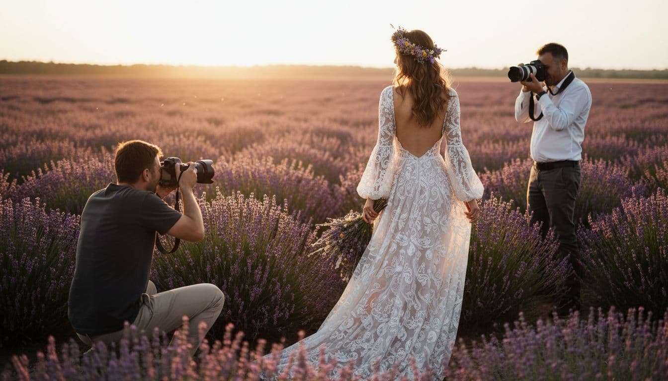 Mariée bohème élégante au coucher du soleil, deux photographes en action, ambiance artistique et haut de gamme