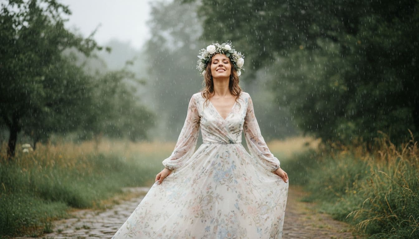 Mariée bohème sous une pluie fine, robe fluide et ambiance champêtre romantique