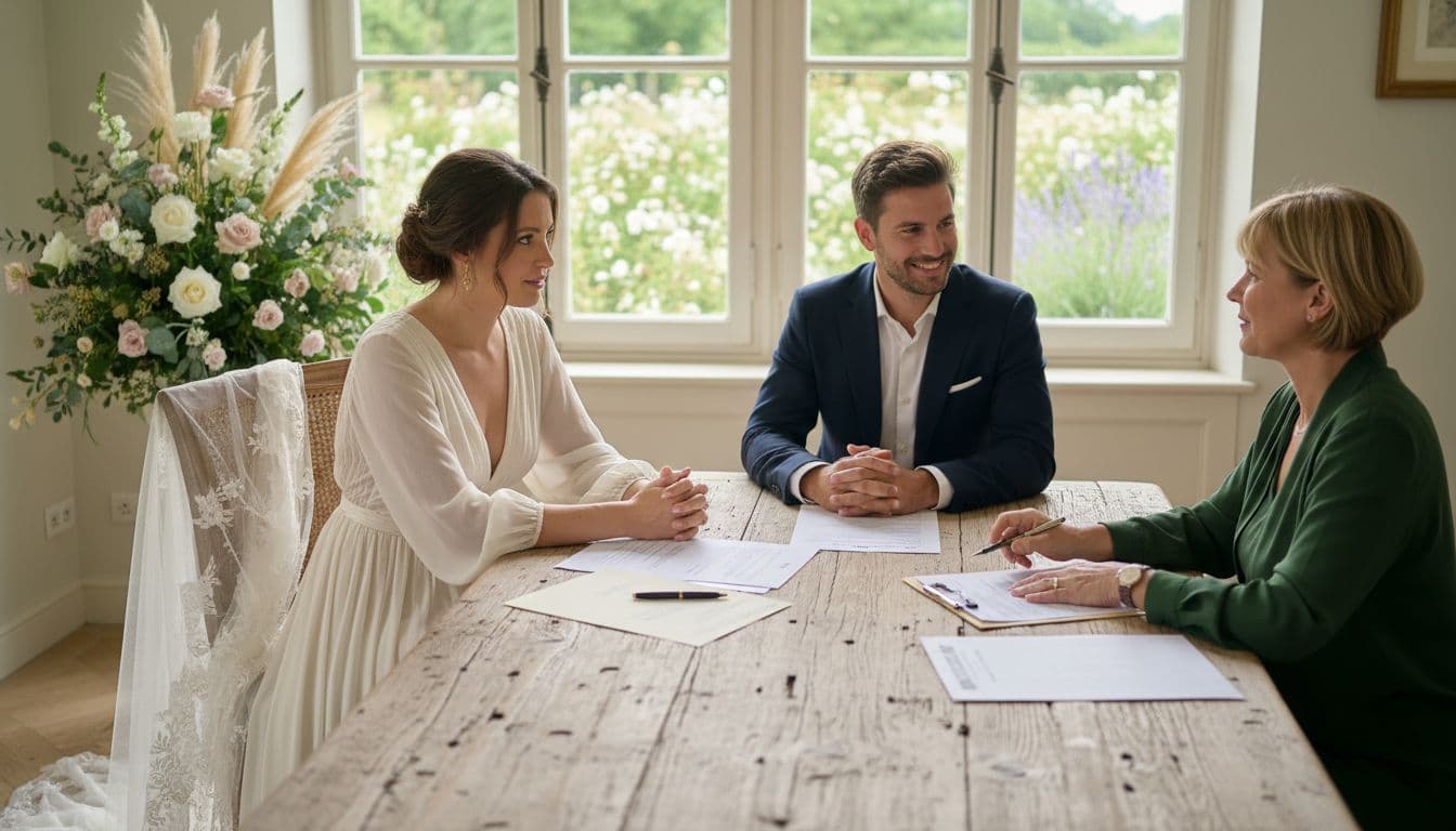 Future mariée bohème discutant avec son partenaire et un notaire, documents immobiliers et contrat sur la table, ambiance douce et lumineuse.