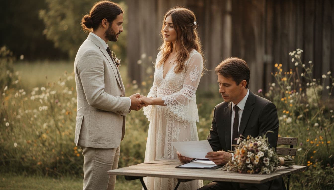 Mariée bohème en discussion avec son partenaire et un notaire, ambiance champêtre douce.