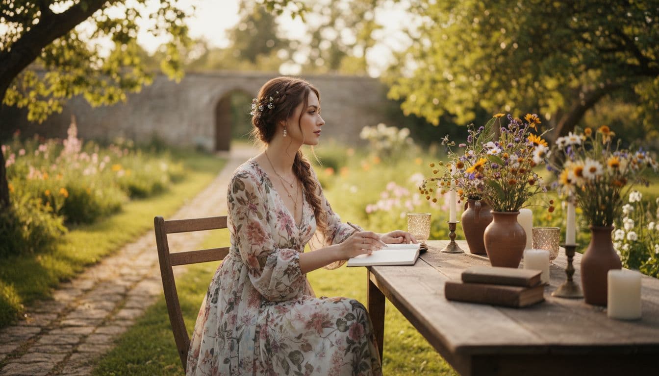 Mariée bohème qui planifie, carnet en main, dans un jardin champêtre au coucher du soleil. Image created with AI.