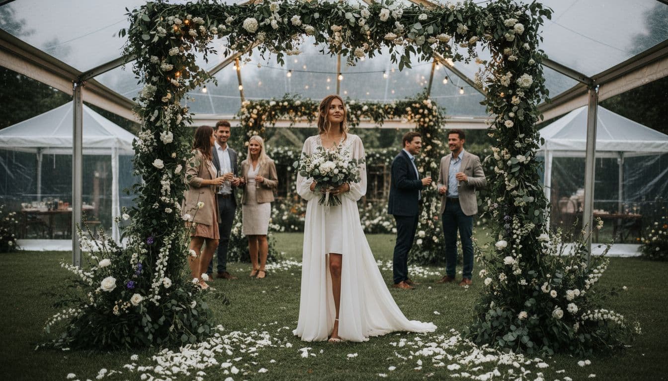 Mariée bohème élégante sous une pluie fine dans un jardin champêtre, sous une tente transparente fleurie, ambiance douce et chaleureuse