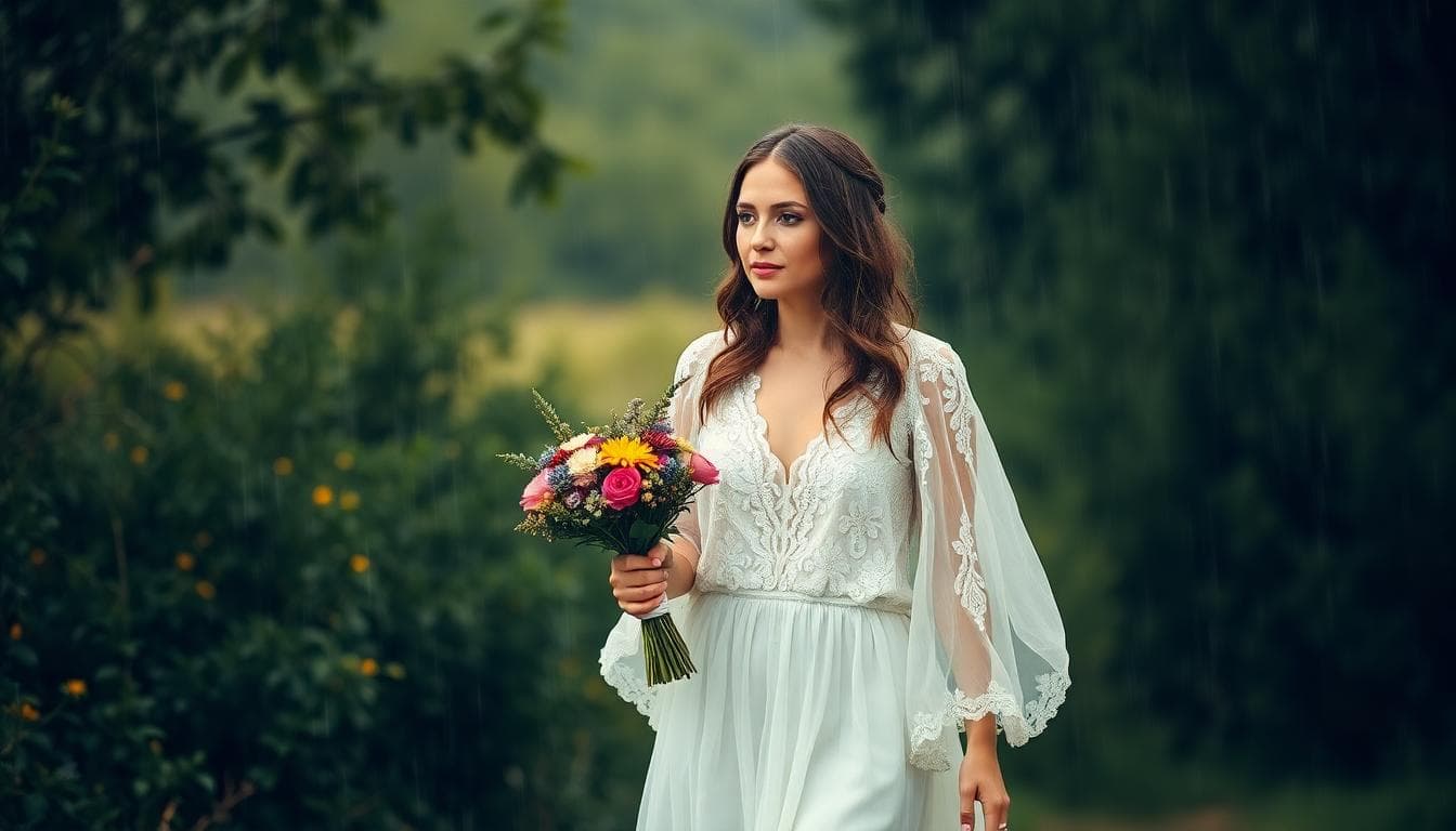 Mariée bohème sous une fine pluie, voile flottant et bouquet de fleurs sauvages, ambiance douce et romantique.