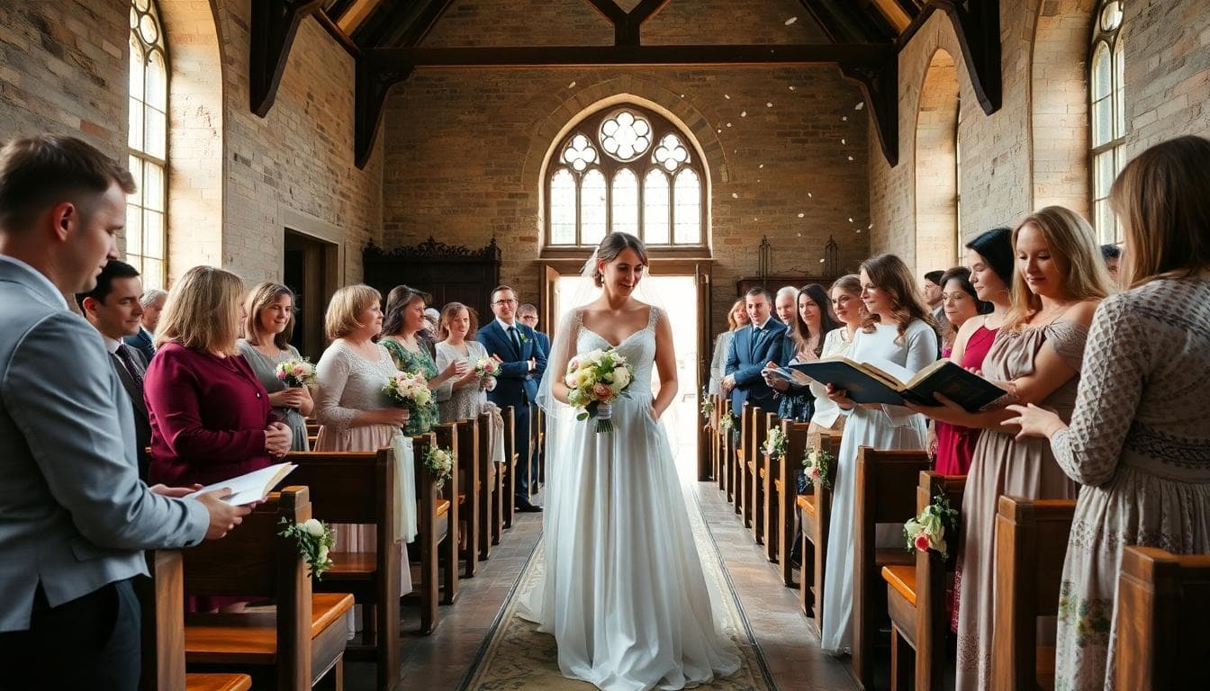 Mariée bohème à l’église avec ses témoins, échanges d’alliances et coordination des confettis
