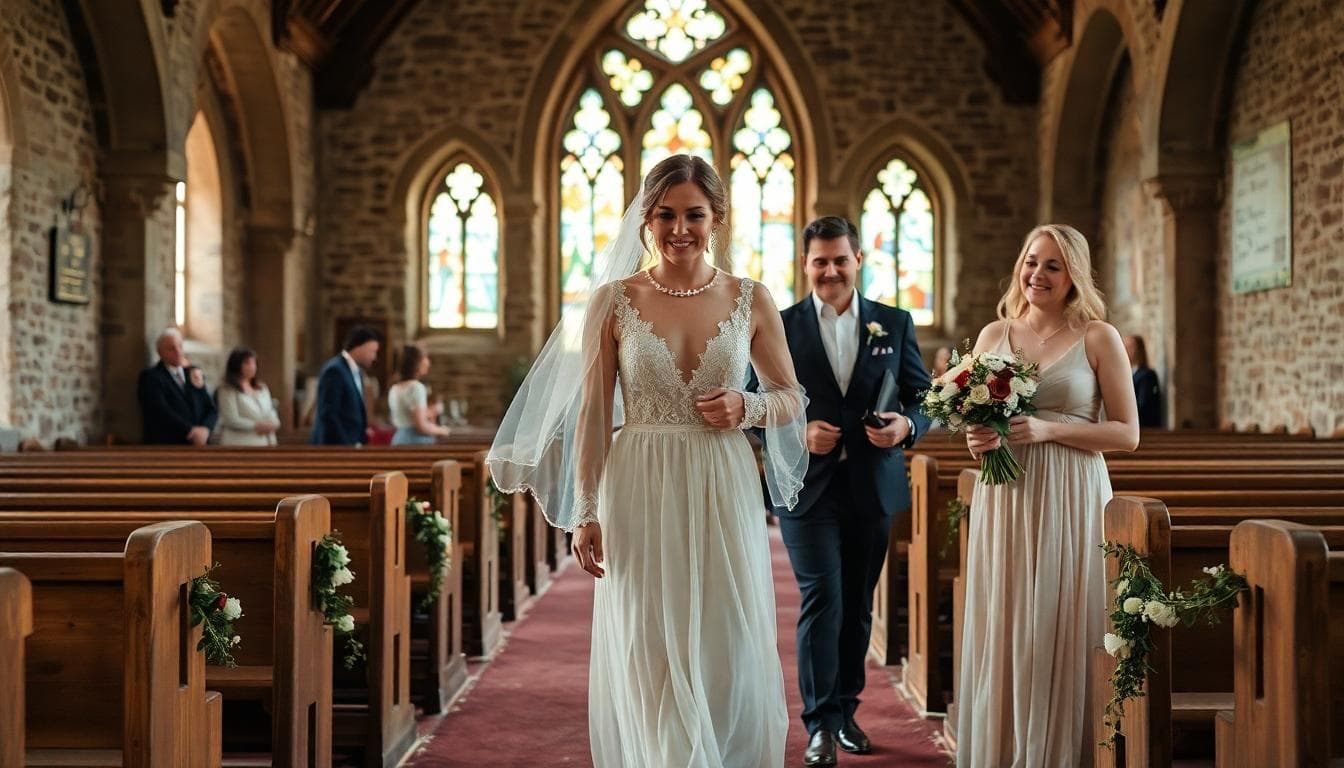 Mariée bohème à l’église avec ses témoins, ambiance intime et florale