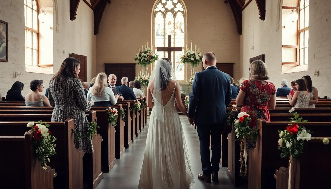 Mariée bohème à l’église avec ses témoins, ambiance douce et intimiste