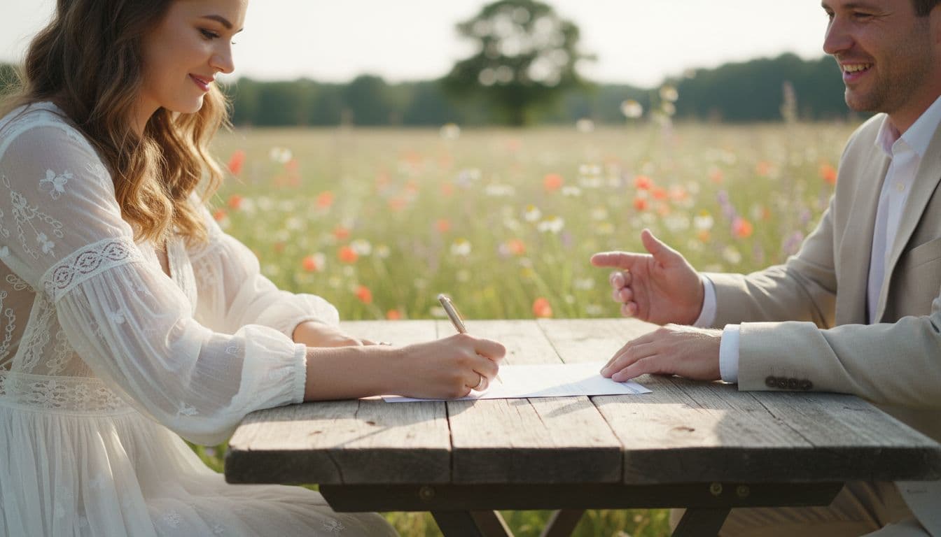 Mariée bohème signant un contrat de mariage avec son partenaire et un notaire, ambiance champêtre lumineuse.