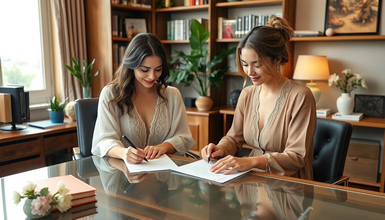 Mariée bohème signant des documents matrimoniaux chez un notaire, focus sur les mains et les papiers