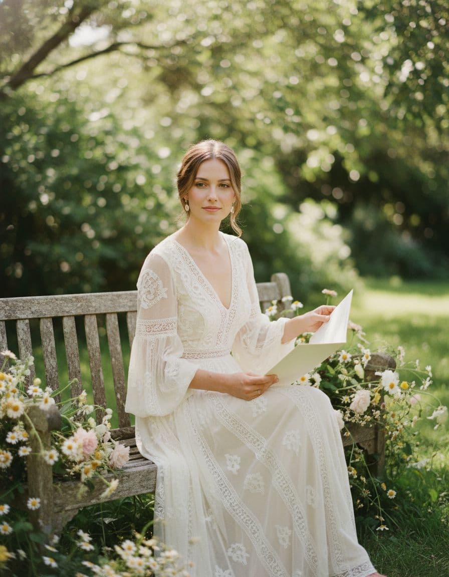 Mariée bohème pensive, document administratif en main, dans un jardin champêtre. Image créée par IA.