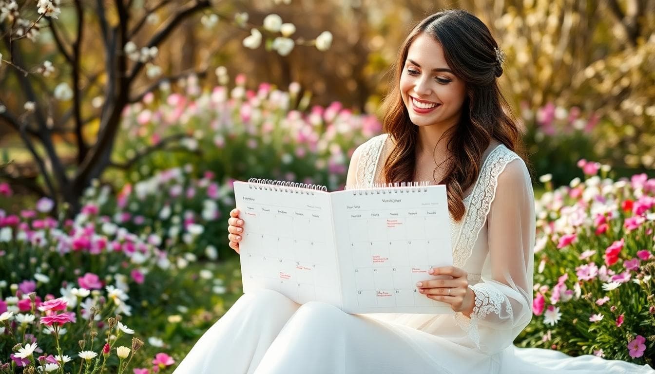 Mariée bohème planifiant ses congés avec un calendrier dans un jardin fleuri