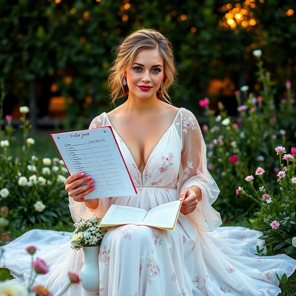 Mariée bohème planifiant ses jours de congé avec une check-list et un calendrier dans un jardin au coucher du soleil