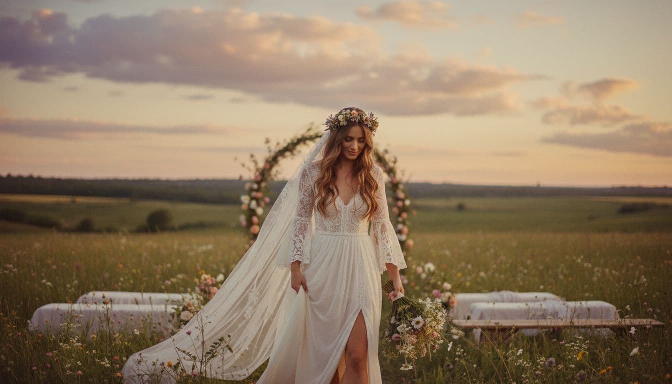 Mariée bohème dans un champ fleuri, ambiance douce et romantique