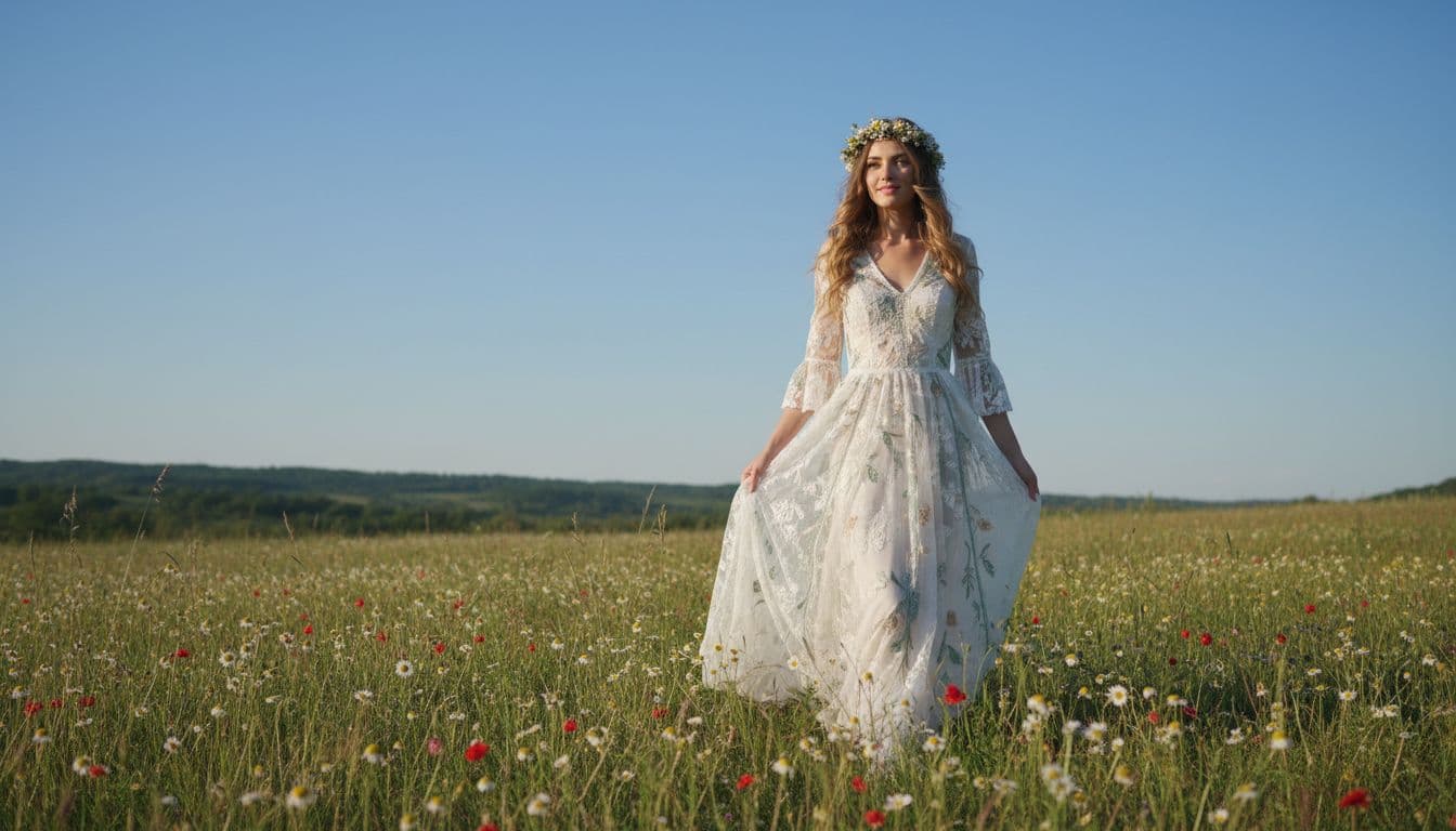 Mariée bohème dans un champ fleuri, robe fluide et dentelle, ambiance naturelle et romantique