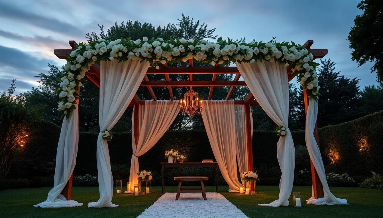 Houppa bohème en extérieur, structure bois, tissus fluides et fleurs blanches au coucher du soleil, ambiance naturelle et sereine. Image created with AI