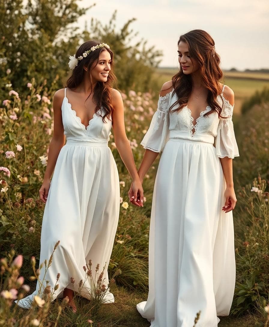 Mariée bohème en robe empire fluide, jupe longue qui effleure le sol dans un pré fleuri
