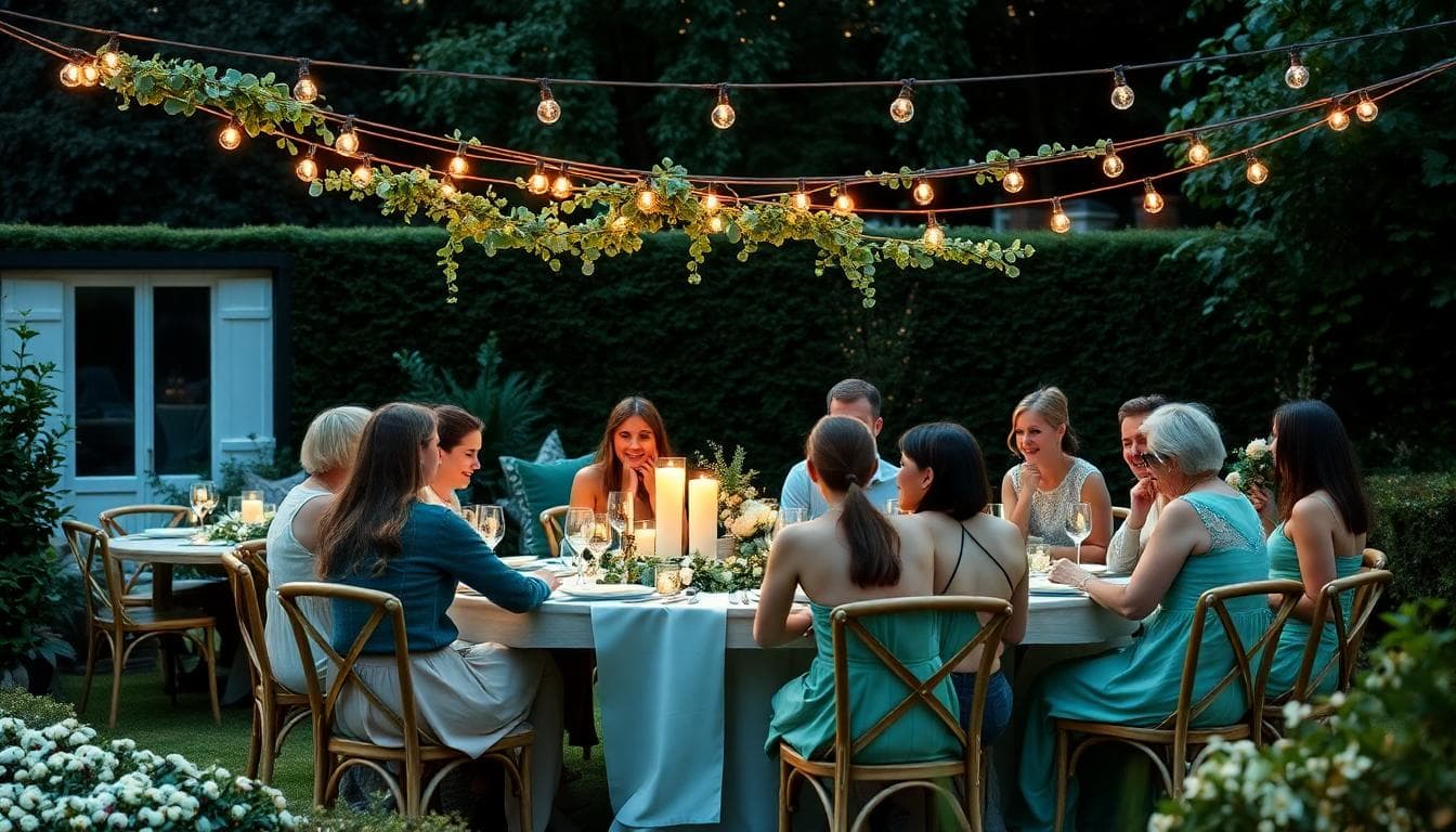 Garden party bohème chic en extérieur, guirlandes lumineuses et table vert émeraude