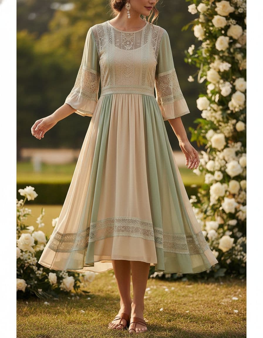 Robe midi bohème en dentelle ajourée doublée, non transparente, avec sandales sobres en cuir