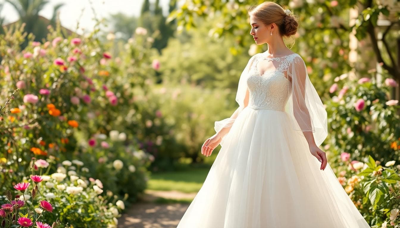 Mariée bohème inspirée du style royal avec dentelle fine, manches longues et jupe princesse douce dans un jardin fleuri ensoleillé