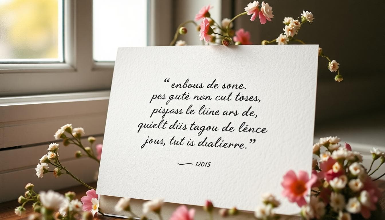 Carte de mariage en papier texturé avec calligraphie, entourée de fleurs sauvages, ambiance bohème romantique. Image created with AI