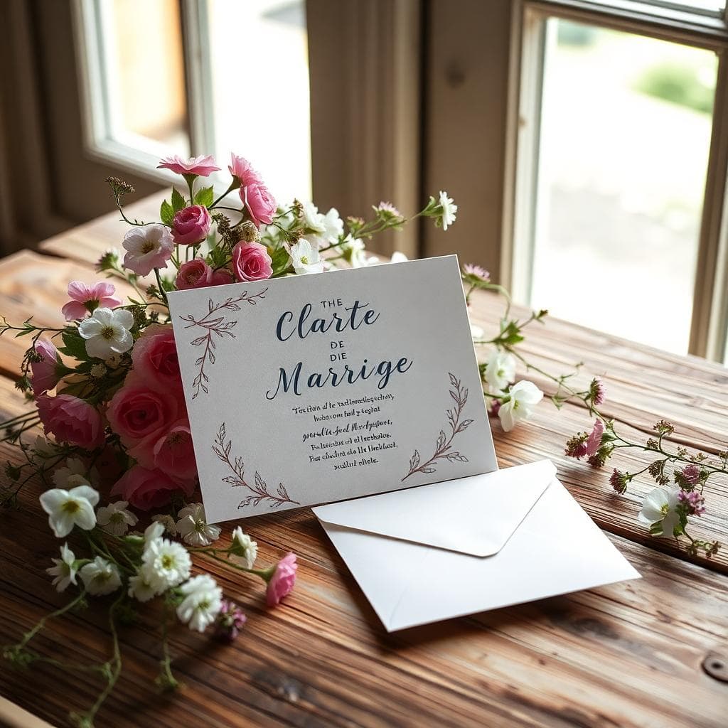 Carte de mariage bohème posée sur une table en bois, petit cadeau tissu fleuri et enveloppe discrète, fleurs sauvages, lumière douce