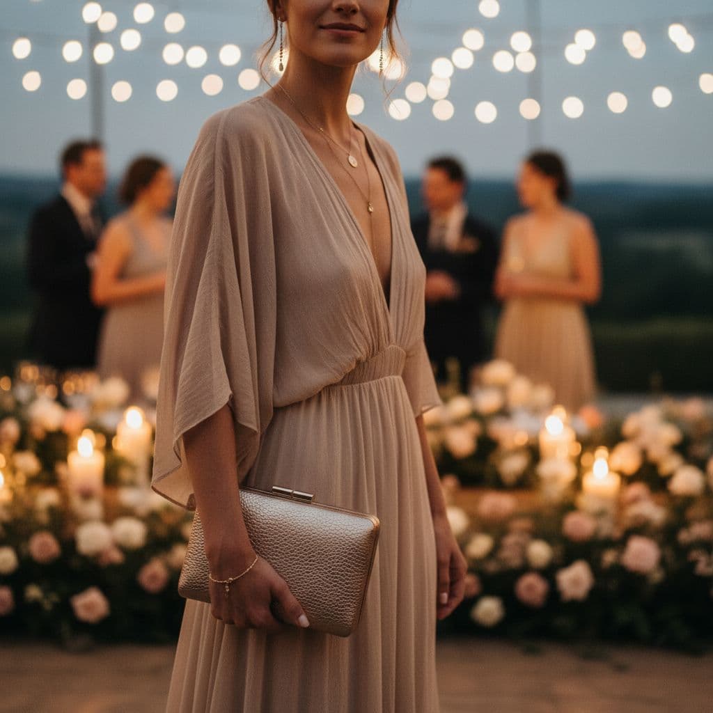 Main féminine tenant une pochette rigide nude avec bracelet doré fin, ambiance mariage au crépuscule