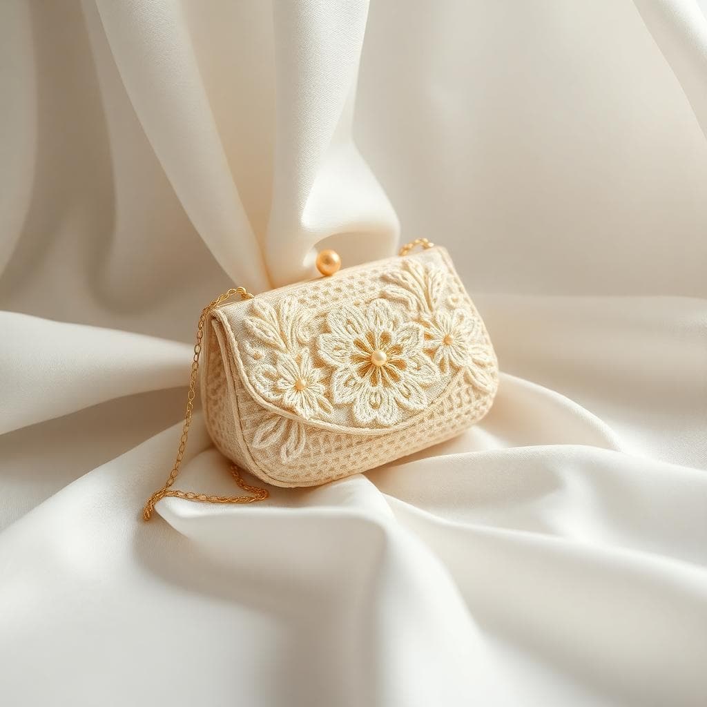 Pochette bohème en raphia avec détails nacrés posée sur un fond blanc floral, style romantique et champêtre