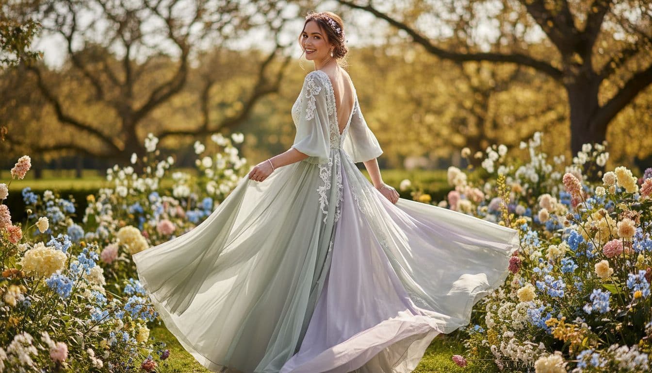 Invitée bohème chic en robe fluide pastel avec dentelle discrète dans un jardin fleuri, ambiance élégante et naturelle