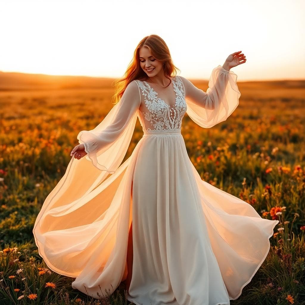 Robe de mariée bohème avec mousseline naturelle, manches longues aériennes, dentelle fine, détails vintage discrets et jupe fluide avec fente mesurée, dans un pré fleuri au coucher du soleil