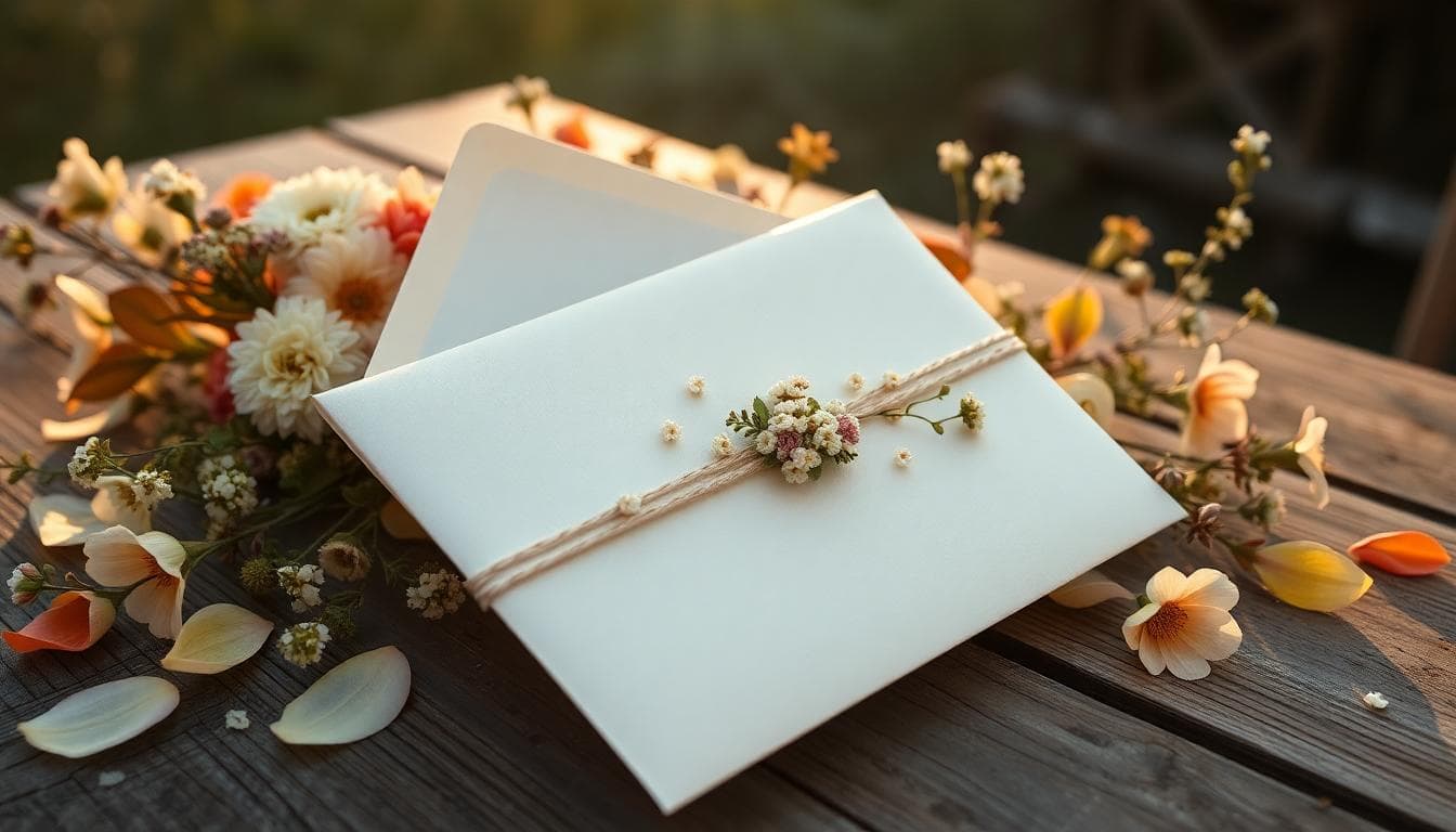 Enveloppe élégante avec billets et ruban bohème sur table en bois, ambiance romantique de mariage en extérieur