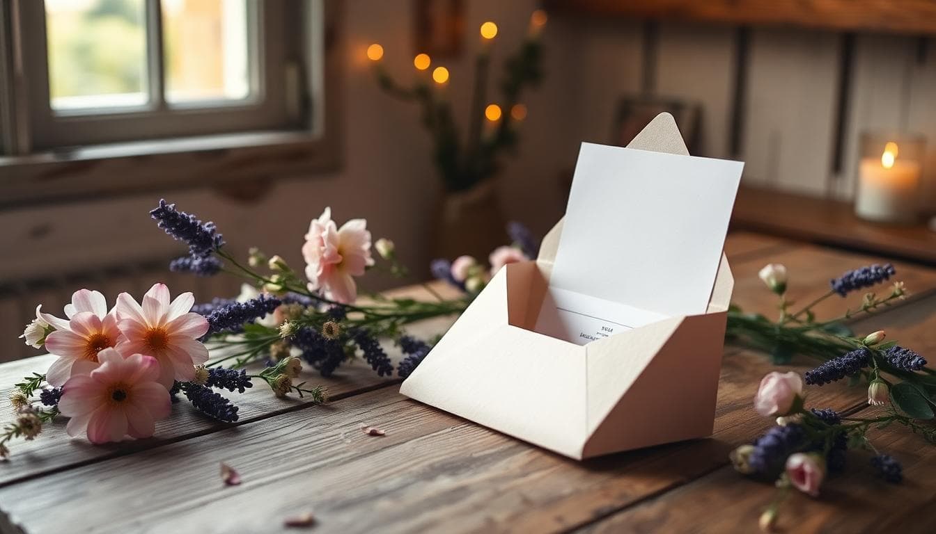 Enveloppe de mariage bohème en papier texturé pastel, sur table en bois avec fleurs sauvages et bougies, ambiance douce et romantique