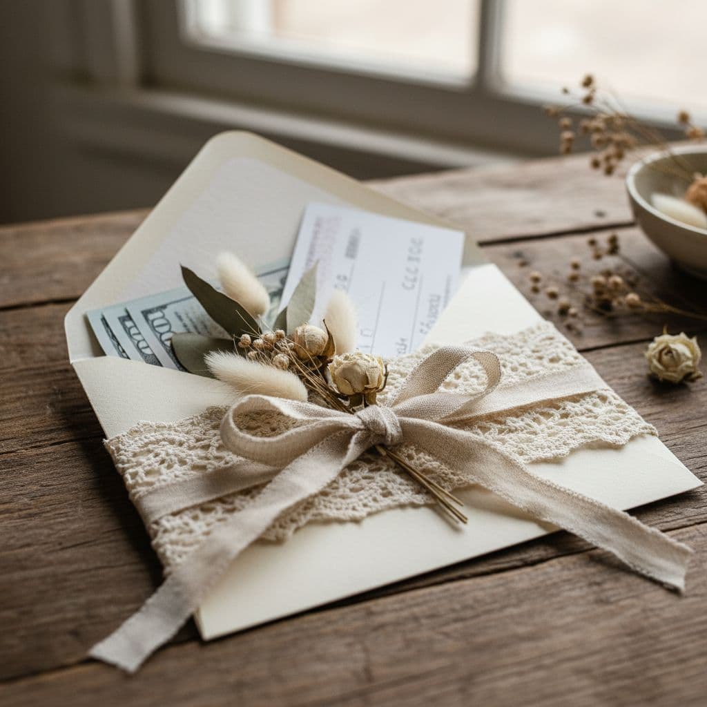Enveloppe de cadeau de mariage bohème avec fleurs séchées et ruban sur table en bois, ambiance douce et romantique