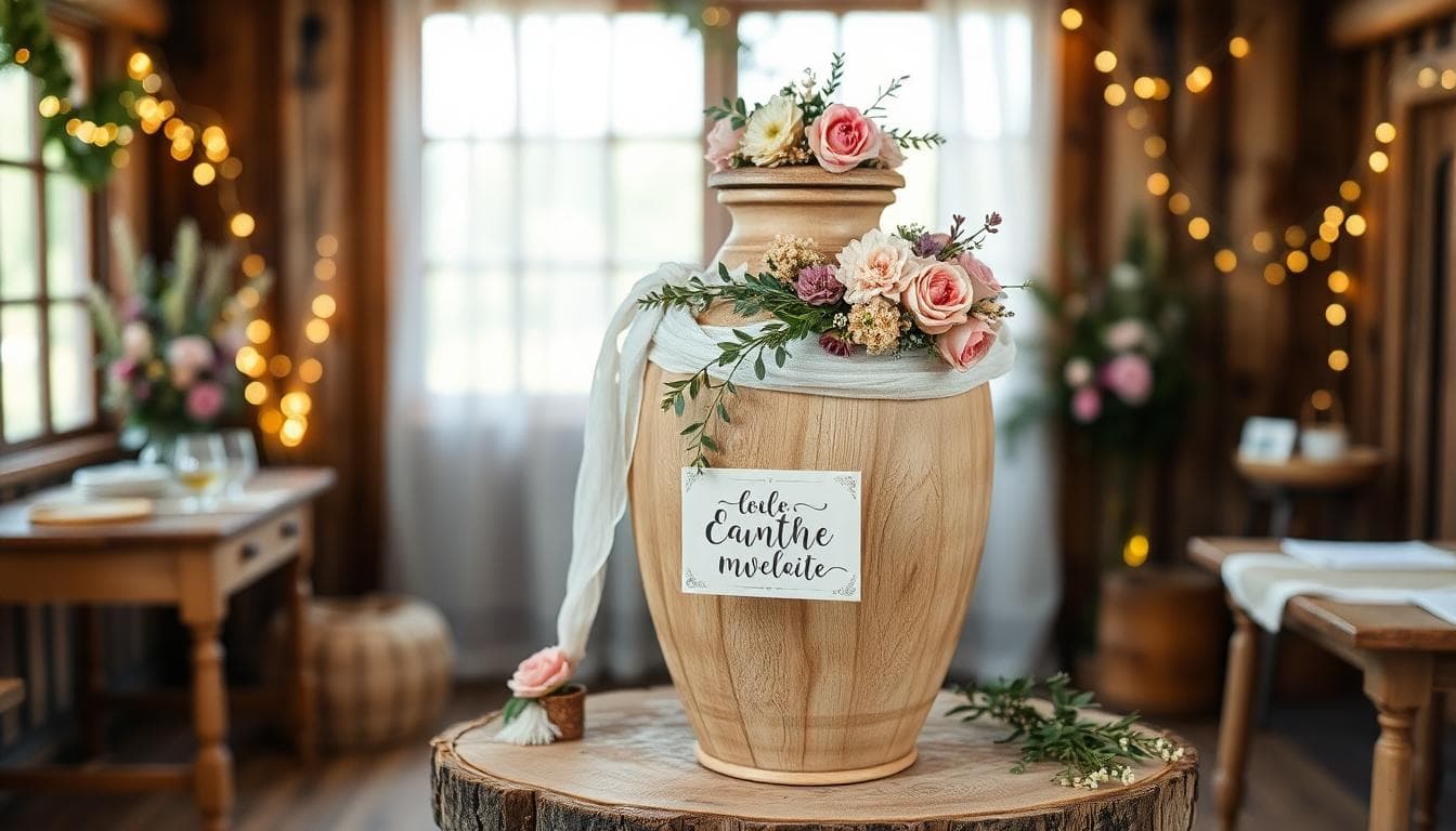 Urne de mariage bohème en bois avec fleurs séchées, rubans en lin et petit panneau explicatif, posée sur une table rustique avec guirlandes lumineuses