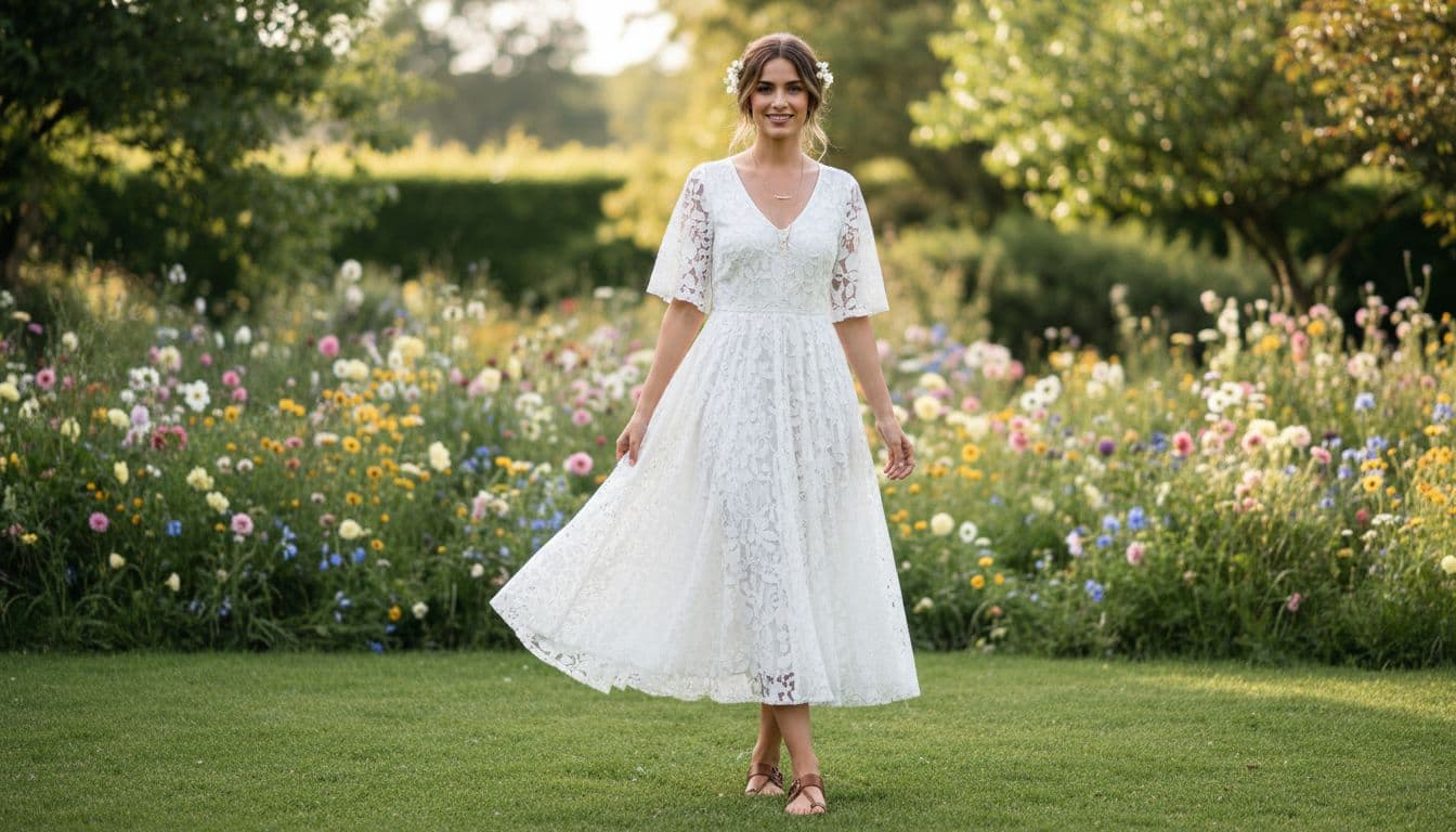 Invitée portant une robe bohème fluide dans un jardin, style chic et confortable
