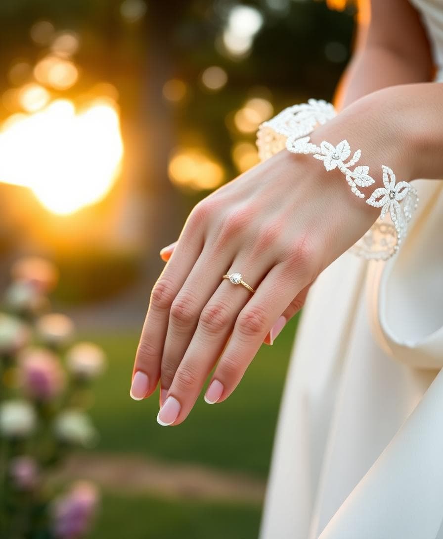 Main de mariée ajustant une alliance fine en or, robe bohème en arrière-plan, ambiance douce et naturelle