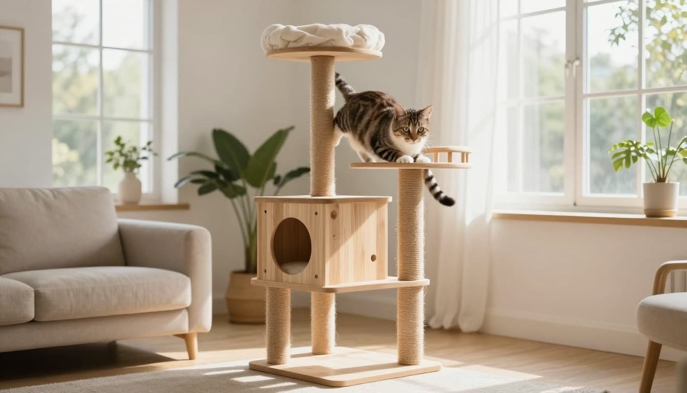 An elegant cat climbs a stable premium cat tree made of light wood in a cozy Scandinavian living room with bright natural light and minimalist decor. The cat grips sisal scratching posts confidently from a high perch, looking alert and playful.