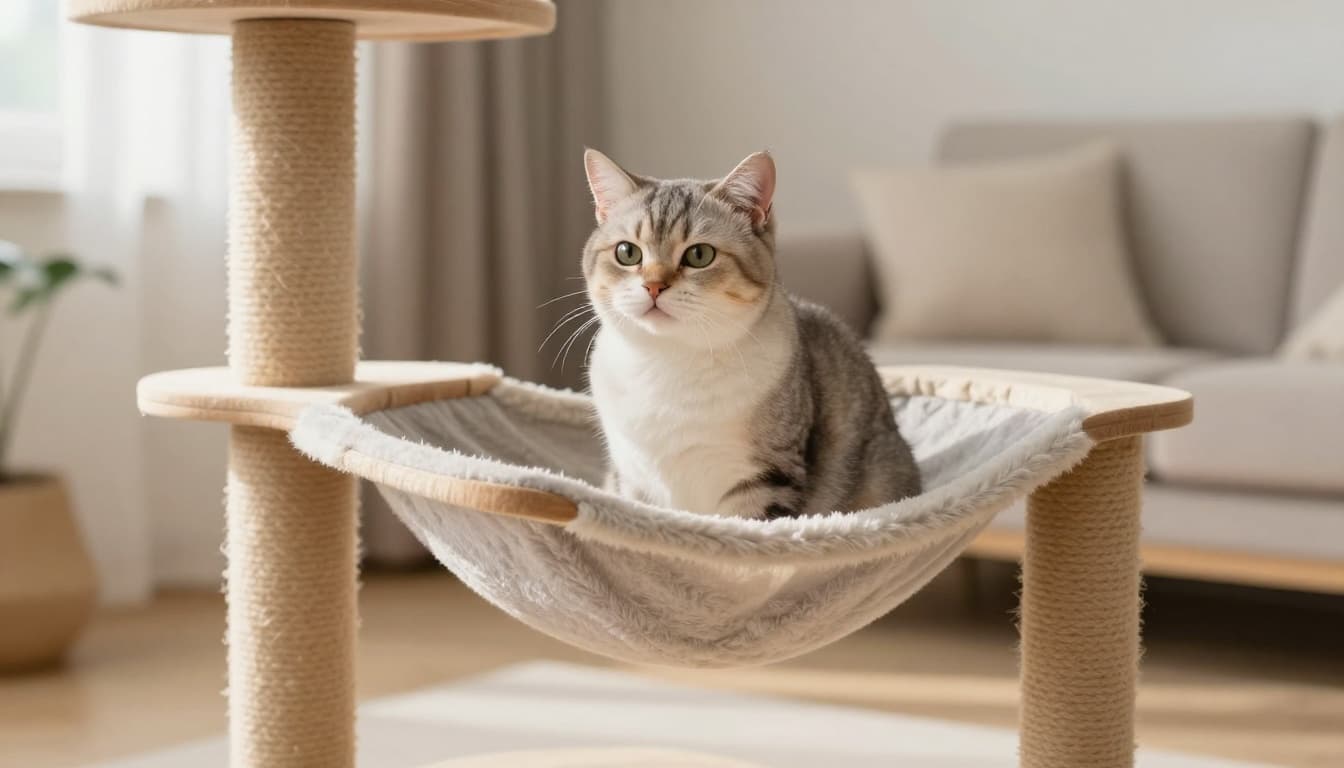 An elegant cat perched observantly on a durable designer cat tree hammock in a serene Scandinavian interior, evoking mild discomfort in a relaxed alert pose amid cozy modern vibes with natural light.