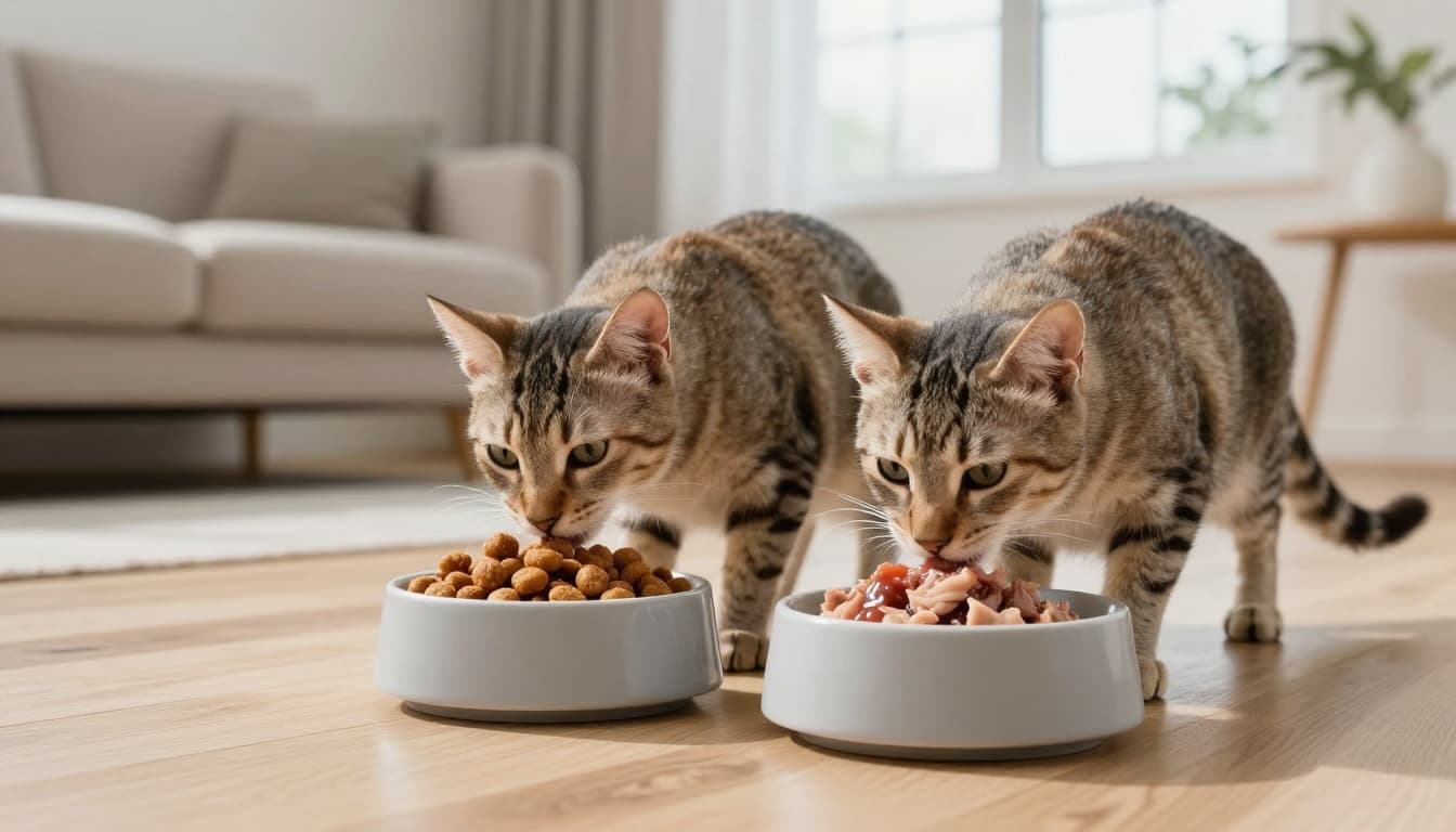 An elegant domestic cat with sleek fur eats from two modern ceramic bowls on a light wooden floor—one with dry kibble, the other with wet patee food chunks in sauce. The scene is set in a bright Scandinavian living room with minimalist decor, natural light, and cozy neutral tones.