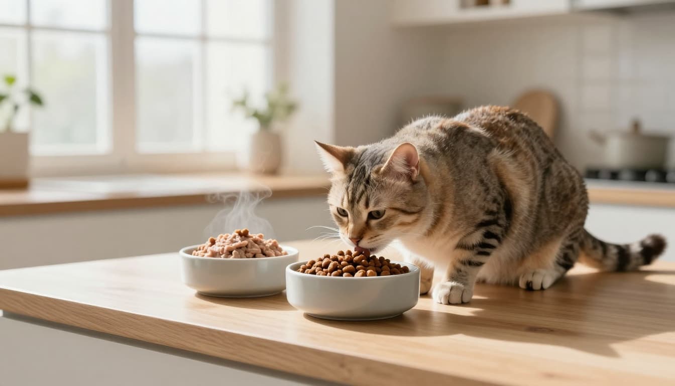 An elegant adult cat eats calmly from two modern ceramic bowls filled with premium dry kibble and wet pate on a light wooden kitchen counter in a bright Scandinavian kitchen with abundant natural light and minimalist decor.