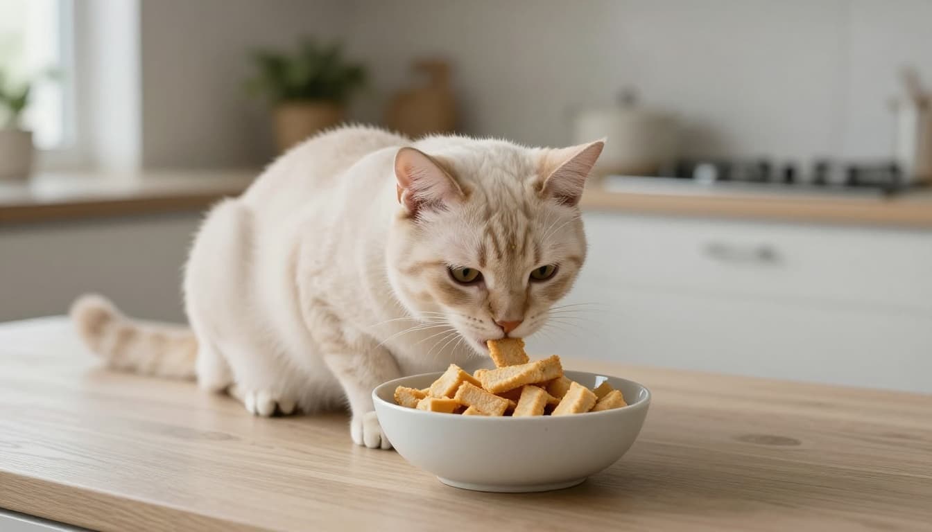 An elegant cat with shiny, healthy fur eats omega-rich kibble from a ceramic bowl on a light wood floor in a bright, minimalist Scandinavian kitchen. Abundant natural light highlights the cozy ambiance with gray quartz counters and blurred background plants.