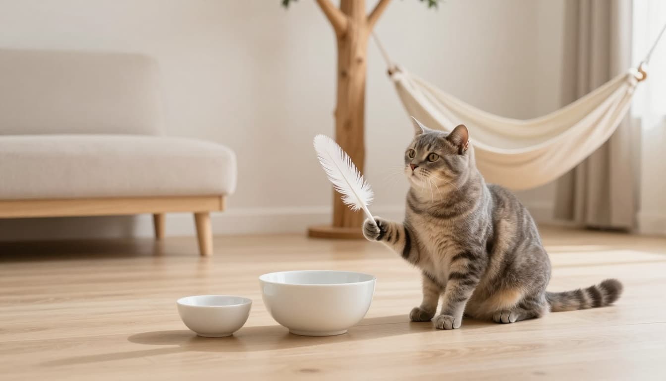 An elegant cat gently plays with a feather near a fresh water fountain in a cozy corner of a modern Scandinavian living room, with a sturdy wooden cat tree and hammock nearby. The scene features bright natural light, minimalist neutral decor in beige, light wood, and soft gray, emphasizing hygiene, cleanliness, and serene stimulation.