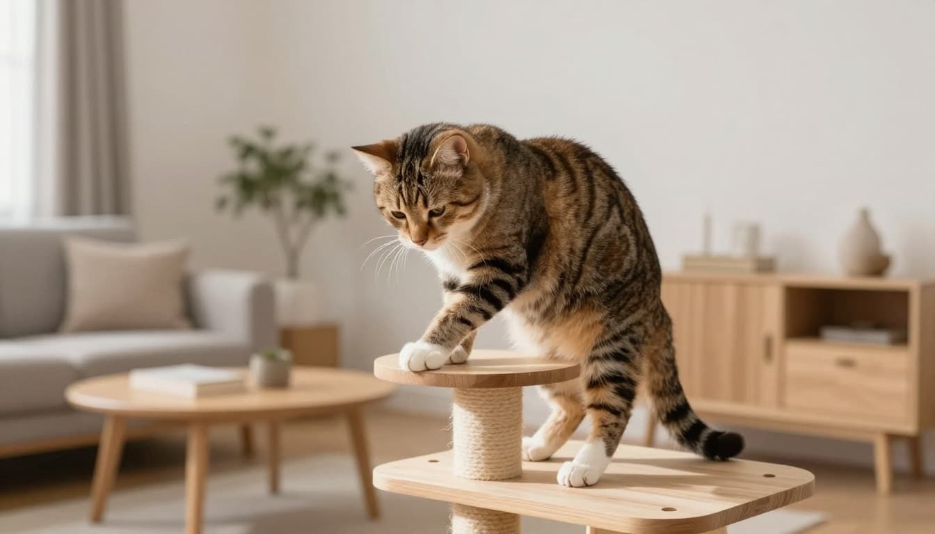 An adult domestic cat grooms itself elegantly perched on a premium wooden cat tree in a cozy modern Scandinavian living room with bright natural light and minimalist decor.