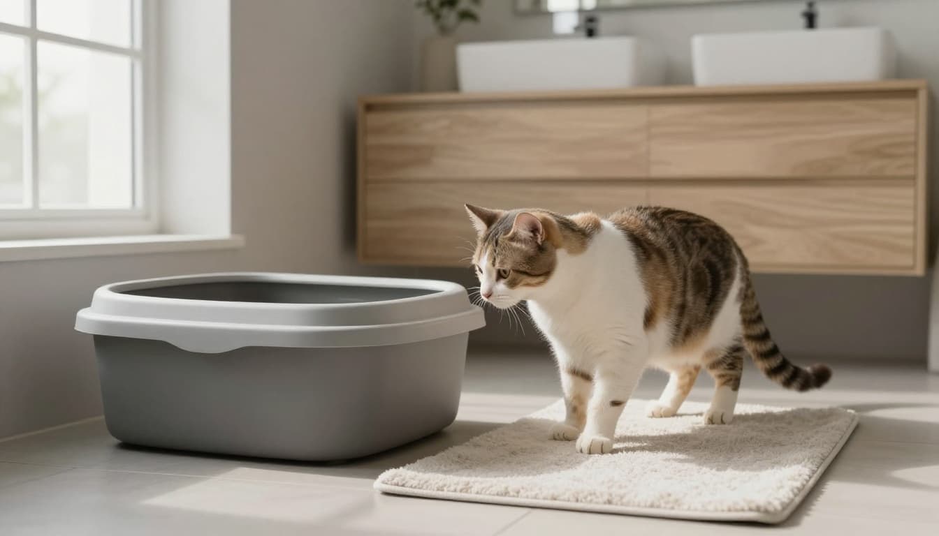 An elegant cat sniffs a covered litter box but turns away towards a soft bath mat in a minimalist Scandinavian bathroom with bright natural light, light wood vanity, and neutral tones.