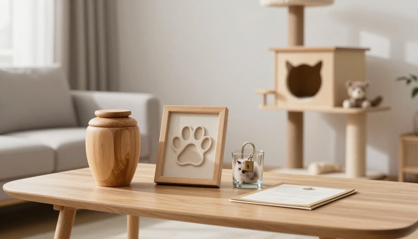Premium cat memorial items, including a wooden urn, clay paw print frame, glass with fur lock, and certificate, elegantly displayed on a light wood table in a bright, minimalist Scandinavian living room. A wooden cat tree with soft toys in the background enhances the warm, cozy, and serene atmosphere.