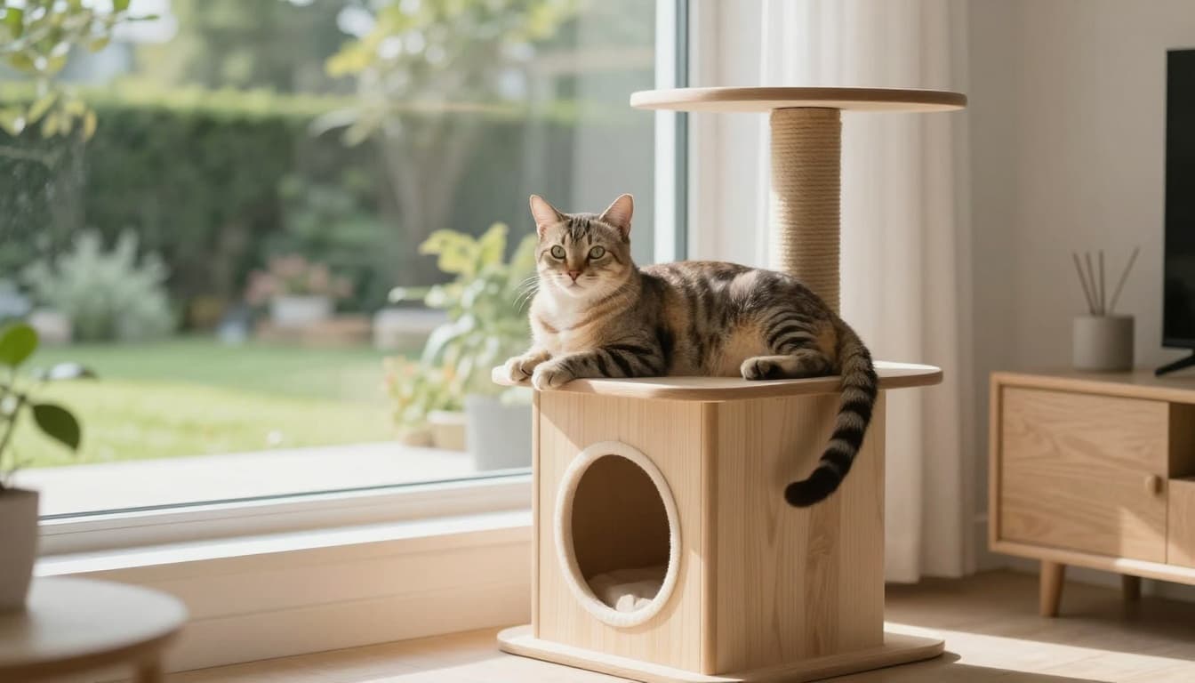Bright modern Scandinavian living room with minimalist decor and natural sunlight, featuring an elegant indoor cat relaxing on a premium solid wood cat tree near a window with garden view.