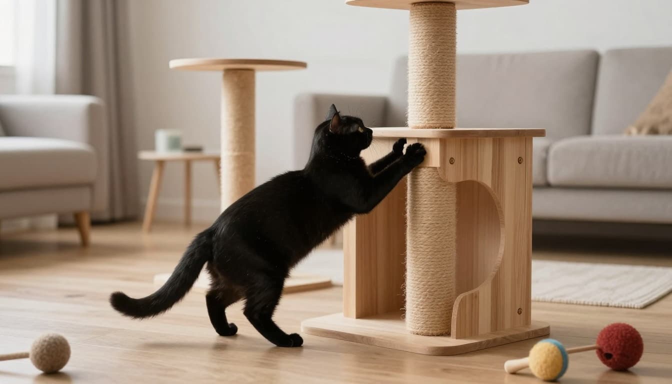 An elegant cat energetically scratches a sturdy wooden scratching post on a premium Meowood-style cat tree in a minimalist Scandinavian living room with bright natural light, neutral tones, and cozy atmosphere.