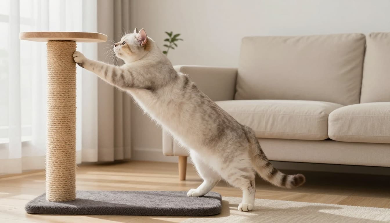 An elegant cat actively scratches on a tall, stable sisal-covered scratching post next to a modern beige sofa in a bright Scandinavian living room with natural light and minimalist decor.
