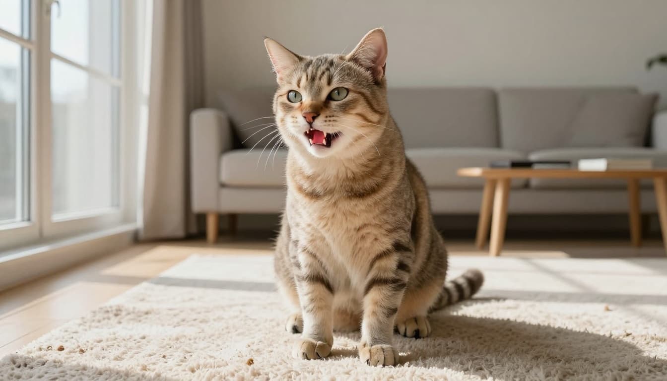 An elegant short-haired adult cat sits on a soft beige rug in a modern Scandinavian living room filled with natural light, gently rubbing its mouth with its paw due to dental pain, revealing swollen red gums and tartar-stained teeth. Premium realistic lifestyle photography features soft natural shadows, shallow depth of field on the face and paw, minimalist decor in neutral tones for a cozy, elegant atmosphere.